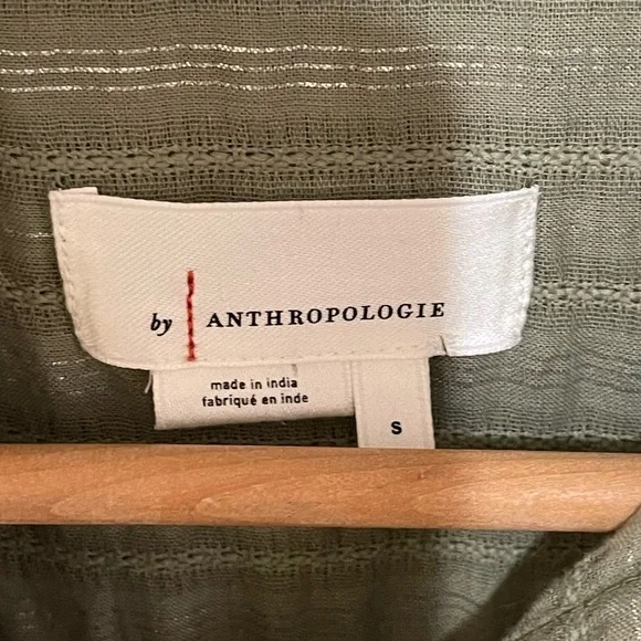 Women’s Anthropologie Pintuck shirt dress green w/silver thread button down S - Picture 4 of 4